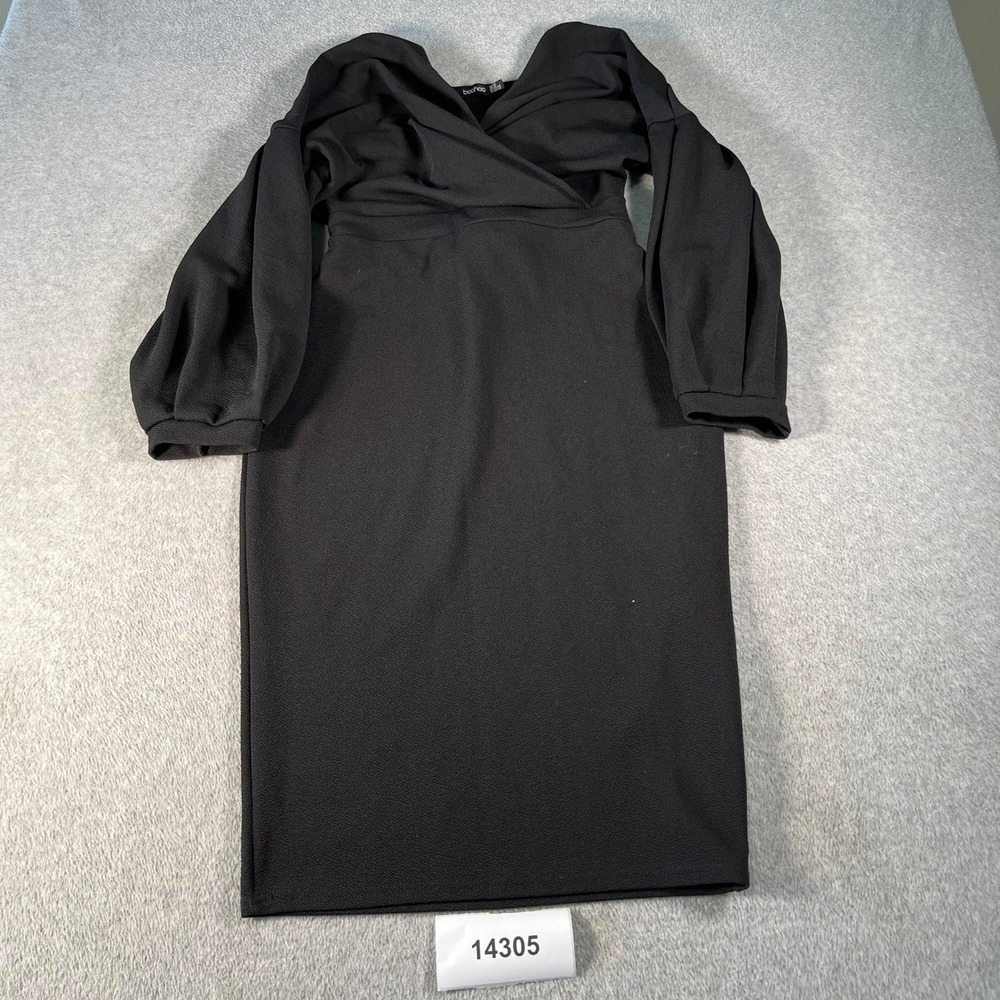 Boohoo Midi Dress Women 12 Black Stretch Puff Sleeve Wrap Front Tie Back Outdoor
